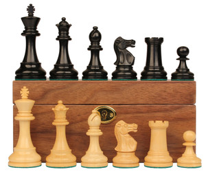 Image of ID 1353412040 British Staunton Chess Set Ebony & Boxwood Pieces with Walnut Chess Box - 4" King