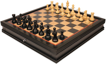 Image of ID 1353412045 British Staunton Chess Set Ebony & Boxwood Pieces with Black & Bird's-Eye Maple Chess Case - 35" King