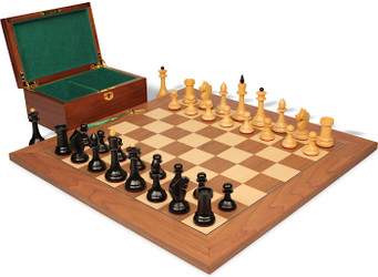 Image of ID 1354699026 The Queen's Gambit Final Game Chess Set Ebonized & Boxwood Pieces with Walnut & Maple Deluxe Board & Box - 4" King