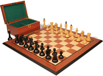 Image of ID 1354699037 The Queen's Gambit Final Game Chess Set Ebonized & Boxwood Pieces with Mahogany & Maple Molded Edge Board & Box - 4" King