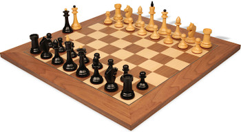 Image of ID 1354699043 The Queen's Gambit Final Game Chess Set Ebonized & Boxwood Pieces with Walnut & Maple Deluxe Board - 4" King