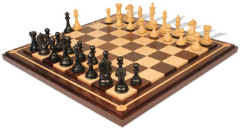 Image of ID 1354994451 Fierce Knight Staunton Chess Set Ebony & Boxwood Pieces with Walnut Mission Craft Chess Board - 35" King