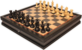 Image of ID 1354994481 Fierce Knight Staunton Chess Set Ebony Boxwood Pieces & Boxwood with Black & Bird's-Eye Maple Chess Case - 35" King