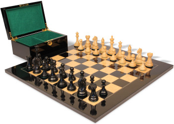Image of ID 1354994485 Fierce Knight Staunton Chess Set Ebonized & Boxwood Pieces with Black & Ash Burl Board & Box - 35" King