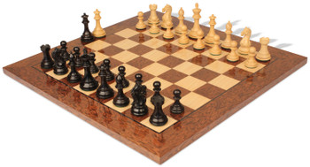 Image of ID 1354994491 Fierce Knight Staunton Chess Set Ebony & Boxwood Pieces with Brown Ash Burl Chess Board - 35" King