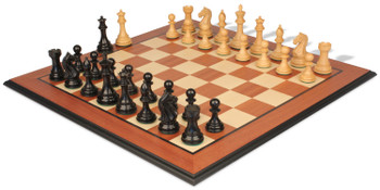 Image of ID 1354994493 Fierce Knight Staunton Chess Set Ebony & Boxwood Pieces with Mahogany & Maple Molded Edge Board - 35" King