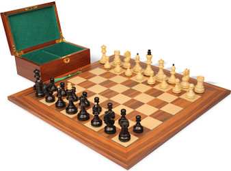 Image of ID 1355459835 Bohemian Series Chess Set Ebonized & Boxwood Pieces with Santos Rosewood  & Maple Deluxe Chess Board & Box - 4" King
