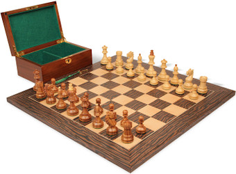 Image of ID 1355459837 Bohemian Series Chess Set Golden Rosewood & Boxwood Pieces with Tiger Ebony & Maple Deluxe Board & Box - 4" King