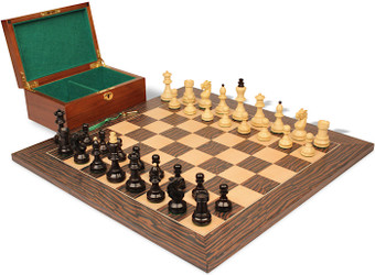 Image of ID 1355459838 Bohemian Series Chess Set Ebonized & Boxwood Pieces with Tiger Ebony & Maple Deluxe Board & Box - 4" King