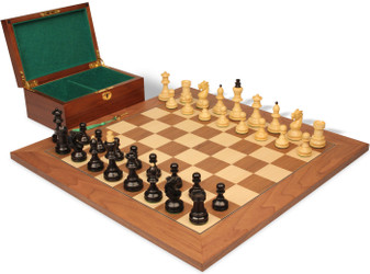 Image of ID 1355459840 Bohemian Series Chess Set Ebonized & Boxwood Pieces with Walnut & Maple Deluxe Board & Box - 4" King