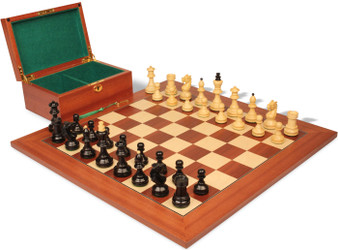 Image of ID 1355459845 Bohemian Series Chess Set Ebonized & Boxwood Pieces with Mahogany & Maple Deluxe Chess Board & Box - 4" King