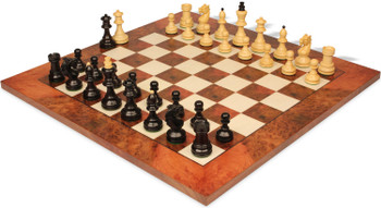 Image of ID 1355459847 Bohemian Series Chess Set Ebonized & Boxwood Pieces with Elm Burl & Erable Board - 4" King