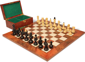 Image of ID 1355459851 Bohemian Series Chess Set Ebonized & Boxwood Pieces with Elm Burl & Erable Board & Box - 4" King