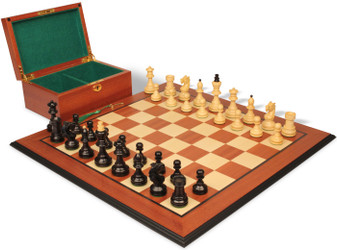 Image of ID 1355459853 Bohemian Series Chess Set Ebonized & Boxwood Pieces with Mahogany & Maple Molded Edge Board & Box - 4" King