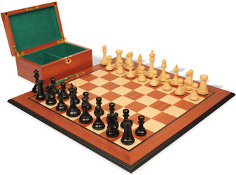 Image of ID 1356343484 New Exclusive Staunton Chess Set Ebony & Boxwood Pieces with Mahogany & Maple Molded Edge Board & Box - 4" King