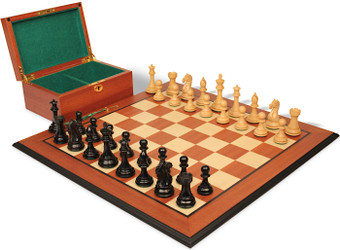 Image of ID 1356343504 Fierce Knight Staunton Chess Set Ebony & Boxwood Pieces with Mahogany & Maple Molded Edge Board & Box - 4" King