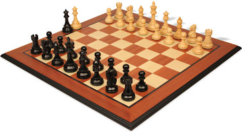 Image of ID 1356768487 British Staunton Chess Set Ebonized & Boxwood Pieces with Mahogany & Maple Molded Edge Board - 4" King