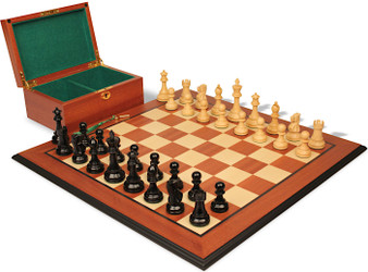 Image of ID 1356768488 British Staunton Chess Set Ebonized & Boxwood Pieces with Mahogany & Maple Molded Edge Board & Box - 35" King