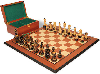 Image of ID 1356885675 Dubrovnik Series Chess Set Burnt Boxwood Pieces with Mahogany & Maple Molded Board & Box- 39" King