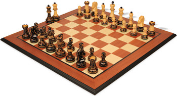 Image of ID 1356885676 Dubrovnik Series Chess Set Burnt Boxwood Pieces with Mahogany & Maple Molded Board - 39" King