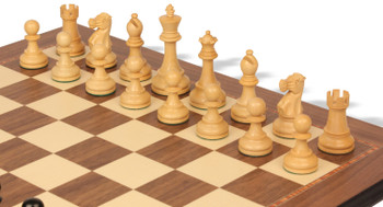 Image of ID 1357713063 British Staunton Chess Set Ebony & Boxwood Pieces with Walnut Molded Edge Board & Box - 4" King