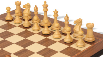 Image of ID 1357832015 New Exclusive Staunton Chess Set Golden Rosewood  & Boxwood Pieces with Walnut Molded Board & Box - 35" King