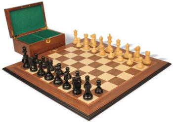 Image of ID 1357832022 Fischer-Spassky Commemorative Chess Set Ebonized & Boxwood Pieces with Walnut Molded Edge Board & Box - 375" King
