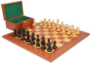 Image of ID 1358006976 New Exclusive Staunton Chess Set in Ebony & Boxwood with Classic Mahogany Board & Box  - 35" King