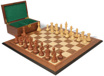 Image of ID 1358006979 British Staunton Chess Set Golden Rosewood & Boxwood Pieces with Walnut Molded Board & Box - 4" King