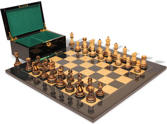 Image of ID 1358304163 Reykjavik Series Chess Set Burnt Boxwood Pieces with Black & Ash Burl Board & Box - 375" King