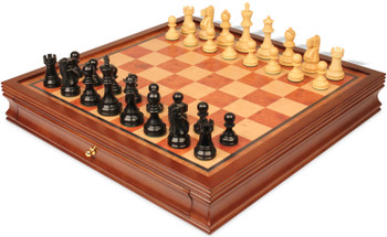 Image of ID 1358304169 Deluxe Old Club Staunton Chess Set Ebony & Boxwood Pieces with Elm Burl & Bird's-Eye Maple Chess Case - 375" King