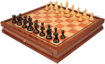Image of ID 1358304175 Fierce Knight Staunton Chess Set Ebony & Boxwood Pieces with Elm Burl & Bird's-Eye Maple Chess Case - 35" King