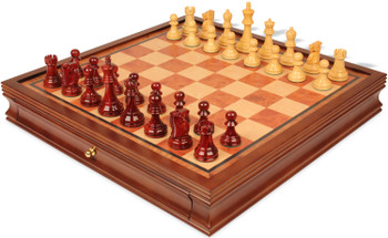 Image of ID 1358506226 Reykjavik Series Chess Set Padauk & Boxwood Pieces with Elm Burl & Bird's-Eye Maple Chess Case - 375" King