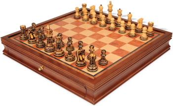 Image of ID 1358506228 Reykjavik Series Chess Set Burnt Boxwood Pieces with Elm Burl & Bird's-Eye Maple Chess Case - 375" King