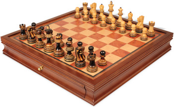 Image of ID 1358506229 Deluxe Old Club Staunton Chess Set Burnt Boxwood Pieces with Elm Burl & Bird's-Eye Maple Chess Case - 375" King