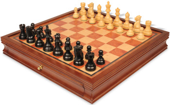 Image of ID 1358506230 Fischer-Spassky Commemorative Chess Set Ebony & Boxwood Pieces with Elm Burl & Bird's-Eye Maple Chess Case - 375" King