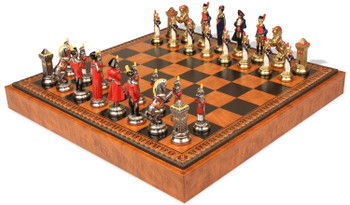 Image of ID 1358781858 Large Napoleon Theme Hand Painted Metal Chess Set  with Faux Leather Chess Board & Storage Tray