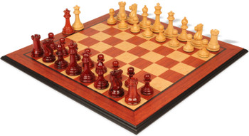 Image of ID 1358781882 1849 Heirloom Staunton Chess Set Padauk & Boxwood Pieces with Padauk & Bird's-Eye Maple Molded Edge Board - 35" King