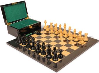 Image of ID 1358781884 1849 Heirloom Staunton Chess Set Ebony & Boxwood Pieces with Black & Ash Burl Chess Board & Box - 35" King