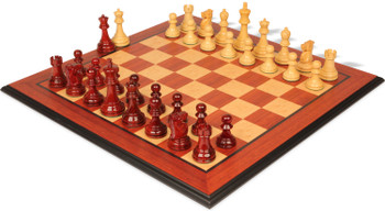 Image of ID 1358781885 Reykjavik Series Chess Set Padauk & Boxwood Pieces with Padauk & Bird's-Eye Maple Molded Edged Board - 375" King