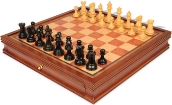 Image of ID 1359133837 1849 Heirloom Staunton Chess Set Ebony & Boxwood Pieces with Elm Burl & Bird's-Eye Maple Chess Case - 35" King
