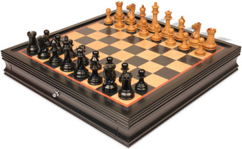 Image of ID 1359133841 1849 Heirloom Staunton Chess Set Ebony & Distressed Boxwood Pieces with Black & Bird's-Eye Maple Chess Case - 35" King - 35" King