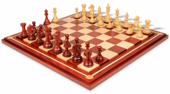 Image of ID 1359337459 Fierce Knight Staunton Chess Set in African Padauk & Boxwood with Mission Craft African Padauk Chess Board - 35" King