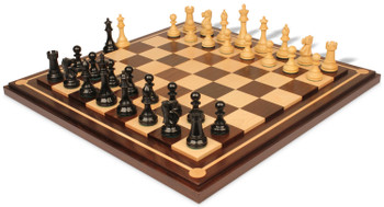 Image of ID 1368080894 British Staunton Chess Set Ebony & Boxwood Pieces with Mission Craft Walnut Chess Board - 35" King