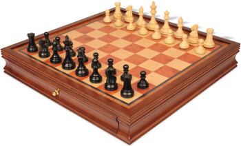 Image of ID 1368080895 British Staunton Chess Set Ebony & Boxwood Pieces with Elm Burl & Bird's-Eye Maple Chess Case - 35" King