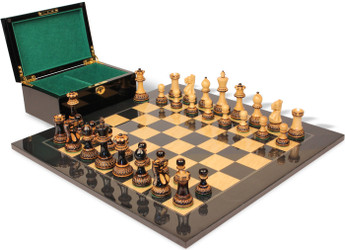Image of ID 1368742033 Parker Staunton Chess Set Burnt Boxwood Pieces with Black Ash Burl Board & Box - 375" King