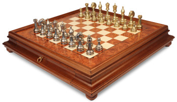 Image of ID 1374426486 Large Arabesque Classic Staunton Metal Chess Set with Elm Burl Chess Case