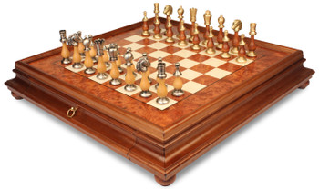 Image of ID 1374426488 Large Contemporary Staunton Solid Brass & Wood Chess Set with Elm Burl Chess Case