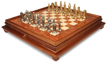Image of ID 1374426491 Large Napoleon Theme Metal Chess Set  with Elm Burl Chess Case