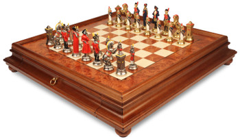 Image of ID 1374426496 Large Napoleon Theme Hand Painted Metal Chess Set  with Elm Burl Chess Case